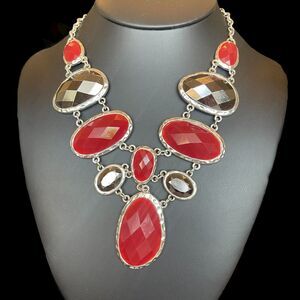 Erica Lyons Checkerboard Statement Necklace Red & Silver Tone 18 + Adj. Holiday